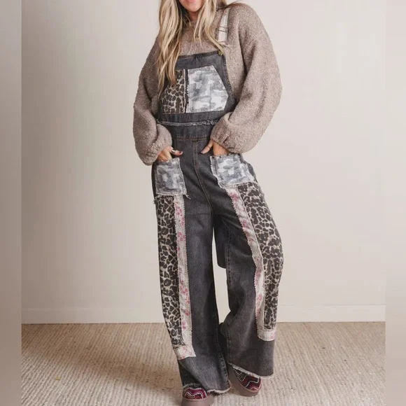 POL Patchwork Leopard Print Floral Camo Patch Boho Overalls - Picture 4 of 16